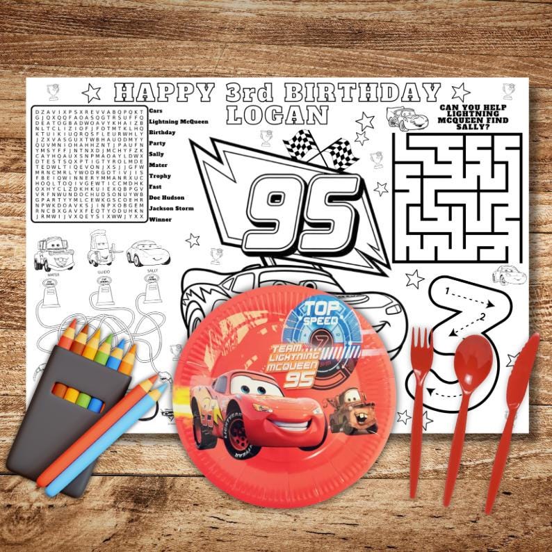 Cars Lightning Mcqueen Birthday Coloring Page, Custom Party Placemat ...