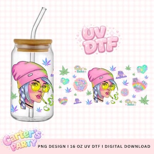 May include: A clear glass can-shaped tumbler with a bamboo lid and a curved glass straw. The tumbler features a colorful graphic of a woman wearing a pink beanie and yellow glasses, smoking a cigarette. The design includes cannabis leaves and the text "UV DTF".