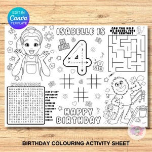 Kids Birthday Coloring Page, Printable Rachel Birthday Coloring Placemat, Birthday Craft Activity Sheet, Editable Template, DIY Party Favor