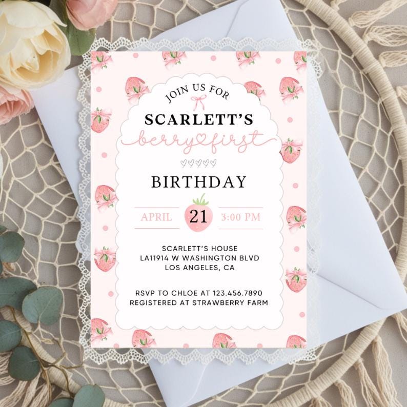 Strawberry Birthday Invitation, Editable Birthday Girl Invite, Printable Strawberry Pink  Birthday Girl Invitation Template JEFF19