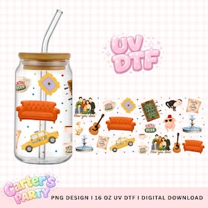May include: A clear glass tumbler with a bamboo lid and a straw, decorated with cartoon images of a yellow taxi, orange couch, and Central Perk logo. The words "How you doin'" are also visible. The tumbler is part of a PNG design.