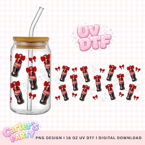 May include: A clear glass tumbler with a bamboo lid and a curved glass straw. The tumbler showcases a pattern of Coca-Cola bottles adorned with red bows. The image also includes the text "UV DTF" and "Carter's Party".