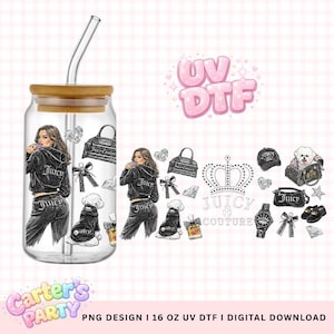 May include: A clear glass tumbler with a bamboo lid and a curved straw. The tumbler features a design with a woman in a Juicy Couture tracksuit, along with other Juicy Couture-themed graphics. The background is a light pink checkered pattern.