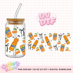 May include: A clear glass can-shaped tumbler with a bamboo lid and a curved glass straw. The tumbler is decorated with orange Fanta soda cans, bottles, cherries, and black bows. The words "UV DTF" are in pink bubble letters.