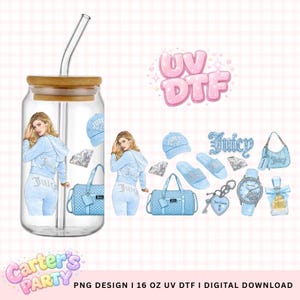 May include: A glass tumbler with a bamboo lid and a straw, featuring a light blue Juicy Couture design. The image includes illustrations of accessories like a hat, purse, watch, and perfume, all in a matching light blue colour scheme. The text "UV DTF" is also visible.