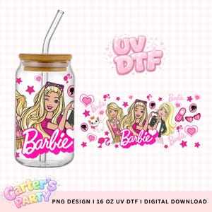 May include: A clear glass can-shaped tumbler with a bamboo lid and a curved glass straw. The tumbler features a pink Barbie graphic with the word "Barbie" in a bold pink font. Additional graphics include stars and hearts.