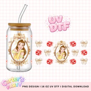 May include: A clear glass can-shaped tumbler with a bamboo lid and a curved glass straw. The tumbler features a Belle design in a gold frame, surrounded by bows and roses. The text "UV DTF" is visible.