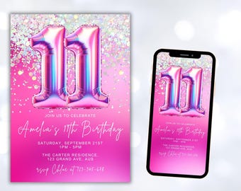 Editable Pink 11th Birthday Invitation Template Glitter Birthday Party Invite Glitter Foil Girl 11th Birthday Instant Download Digital BD16