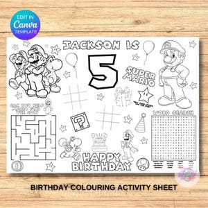 Kids Birthday Coloring Page, Printable Custom Birthday Coloring Placemat, Birthday Craft Activity Sheet, Editable Template, DIY Party Favor