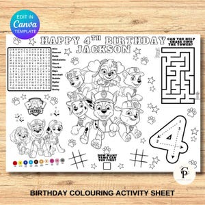Kleurplaat kinderverjaardag, afdrukbare aangepaste verjaardagskleurplaat placemat, knutselwerkje verjaardag, bewerkbare sjabloon, DIY-feestje