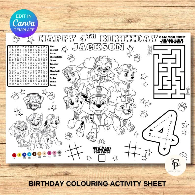 Kids Birthday Coloring Page, Printable Custom Birthday Coloring Placemat, Birthday Craft Activity Sheet, Editable Template, DIY Party Favor
