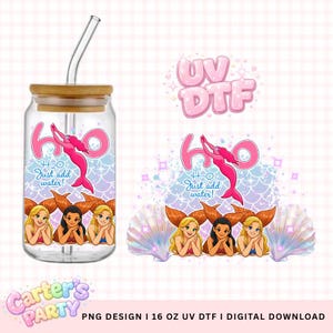 May include: A clear glass can-shaped tumbler with a bamboo lid and a curved glass straw. The tumbler features a mermaid-themed design with the text "H2O Just add water!" and a pink mermaid graphic. The design includes three mermaid illustrations.