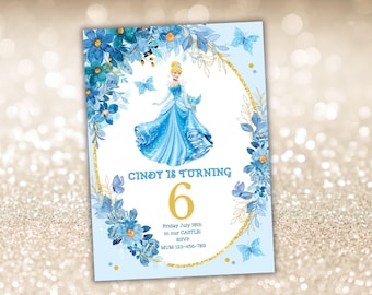 Princess Birthday Invitation Princess Invitation Princess Party Invitation Girl Princess Invitations Gold Blue EDITABLE Instant Digital