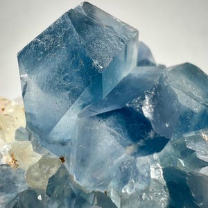 May include: A cluster of translucent blue fluorite crystals featuring sharp, geometric cubic formations. The mineral specimen displays varying shades of deep and light blue, with some smaller, pale, and semi-transparent crystals visible at the base.
