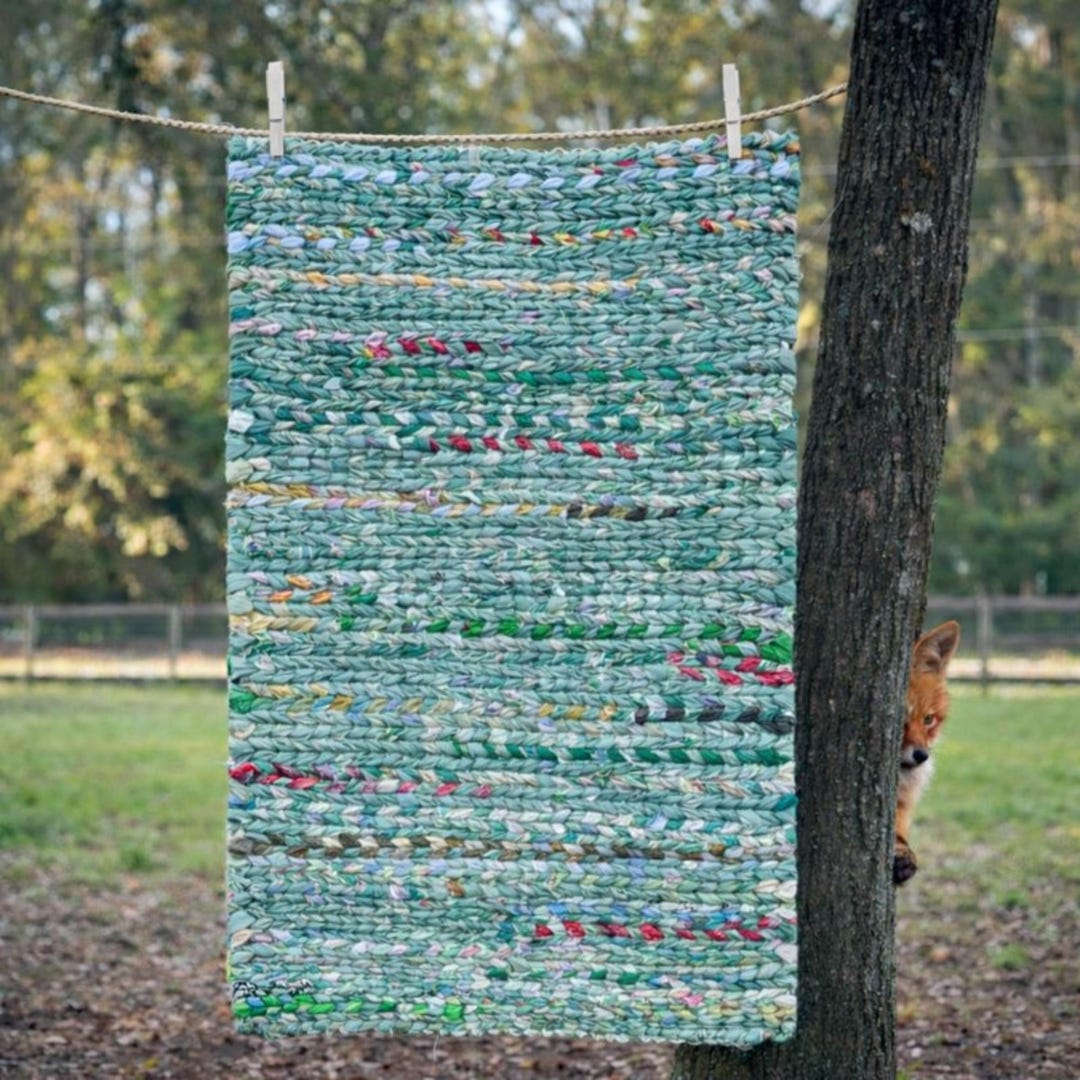 Upcycled Rag Handmade Reversible Twined Rag Rug: Upcycled Cotton, Green & Blue ...