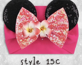 Baby Headband Ears, Pink Childs Soft Stretchy with Flower embellish, Sequin Bow and Ears, Minnie Princess Ears, 15C