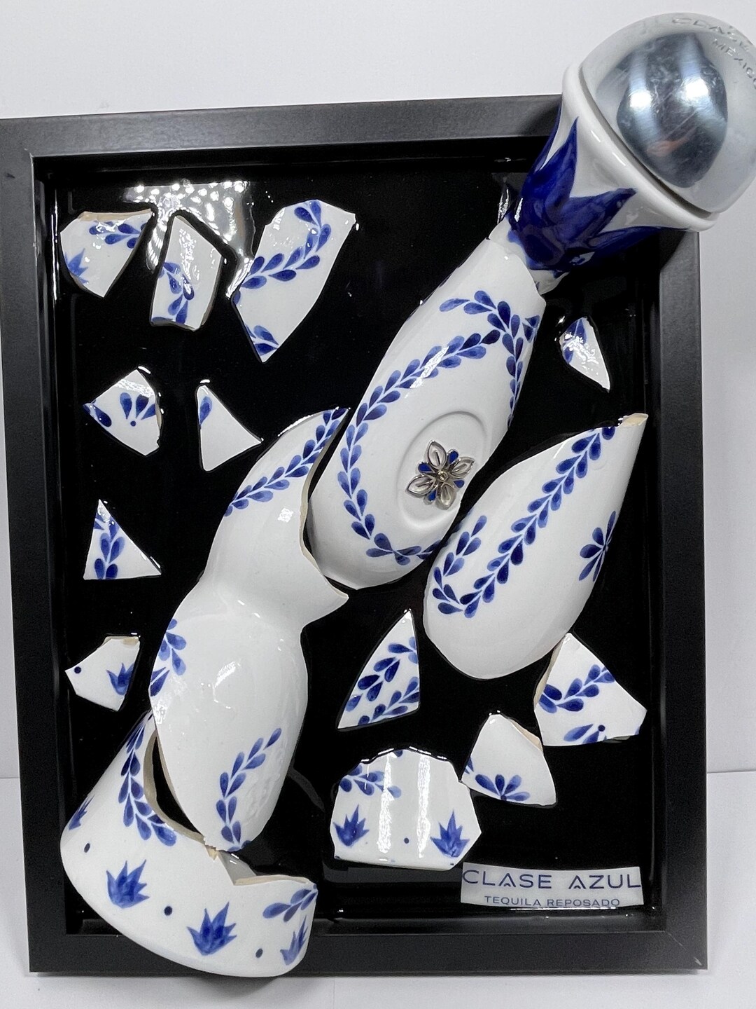 Broken Clase Azul Tequila Bottle Epoxy Art Unique Wall Decor Handmade 