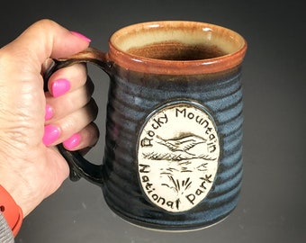 Wheel Thrown Rocky Mountain National Park Moraine Park Mug in Croc Blue and Shino (tan brown) Glazes