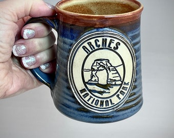 Wheel Thrown Arches National Park Delicate Arch Mug in Croc Blue and Shino (tan brown) Glazes