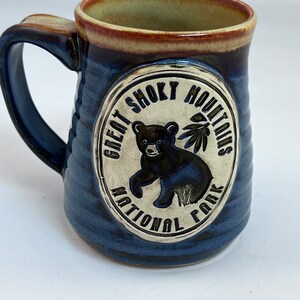 Wheel Thrown Great Smoky Mountain National Park Bear Cub Mug in Croc Blue and Shino tan brown Glazes image 3