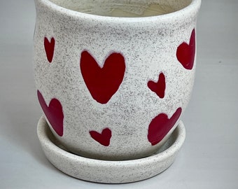 Red Hearts and Speckle White Wheel Thrown planter- Perfect for Valentines!