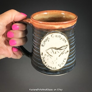 May include: A brown and blue ceramic mug with a white circle design that says "Kings Canyon National Park".