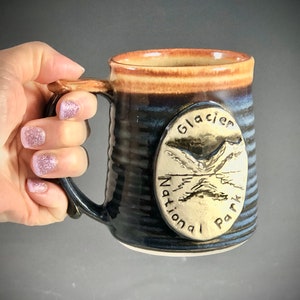 Wheel Thrown Glacier National Park Mug in Croc Blue and Shino tan brown Glazes image 2