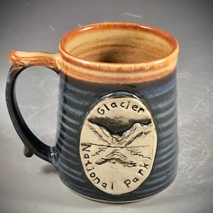 Wheel Thrown Glacier National Park Mug in Croc Blue and Shino tan brown Glazes image 4