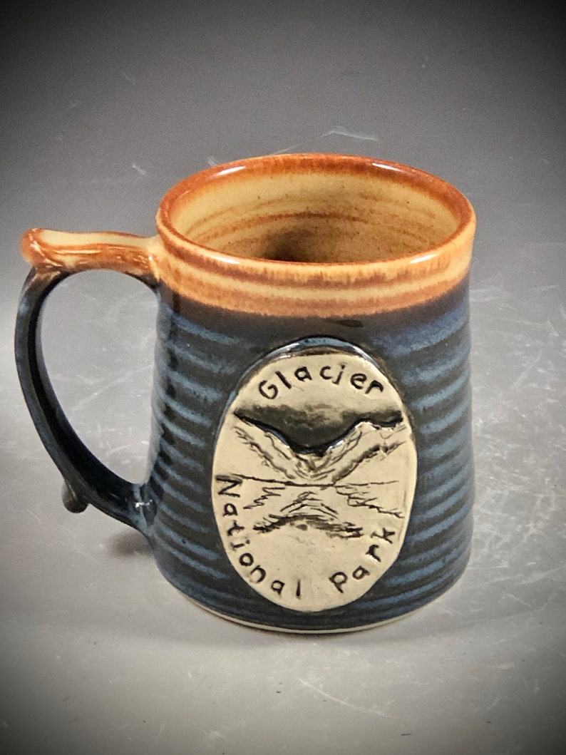 Wheel Thrown Glacier National Park Mug in Croc Blue and Shino tan brown Glazes image 4