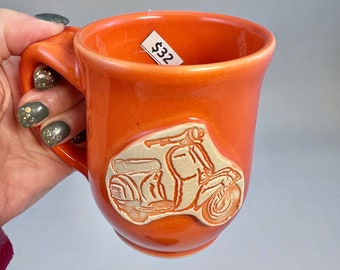 11- Wheel Thrown Mug - With Vespa Scooter Stamp in Orange Glazes,   12 ounce capacity