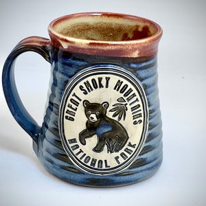 Wheel Thrown Great Smoky Mountain National Park Bear Cub Mug in Croc Blue and Shino tan brown Glazes image 2