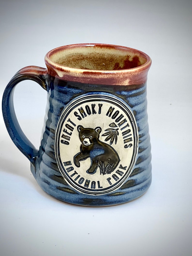 Wheel Thrown Great Smoky Mountain National Park Bear Cub Mug in Croc Blue and Shino tan brown Glazes image 2