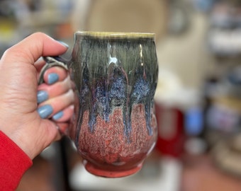 Wheel Thrown Curvy Mug - black, cedar shino, Archie’s, and unicorn horn Coyote Glazes,   16 ounce capacity