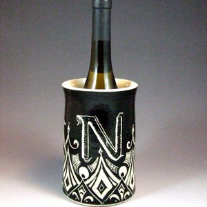 Custom Monogrammed Initial Black and White Geometric Sgraffito Vase, kitchen utensil crock, or Wine Bottle Chiller