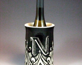 Custom Monogrammed Initial Black and White Geometric Sgraffito Vase, kitchen utensil crock, or Wine Bottle Chiller