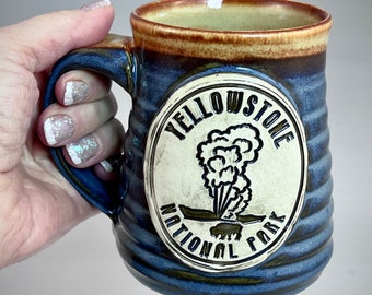 Wheel Thrown Yellowstone National Park Old Faithful Mug in Croc Blue and Shino (tan brown) Glazes