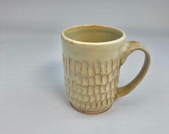 8- Wheel Thrown Mug - with Carved Texture in Light Shino Glaze,   12 ounce capacity