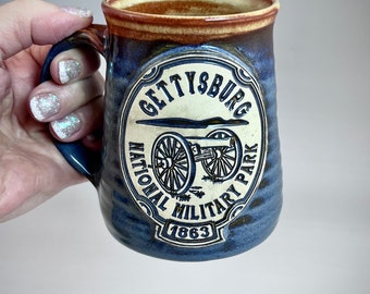 Gettysburg National Military Park Mug Wheel Thrown in Croc Blue and Shino Tan Brown Glazes