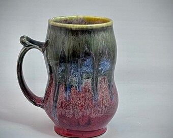 Wheel Thrown Curvy Mug - black, cedar shino, Archie’s, and unicorn horn Coyote Glazes,   16 ounce capacity