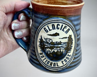 New Wheel Thrown Glacier National Park Mug in Croc Blue and Shino (tan brown) Glazes