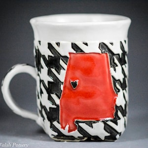 SALE: Textured Houndstooth Tuscaloosa, Alabama Crimson, Black, and White Glazed Home of The University of Alabama Handbuilt  Slab Mug