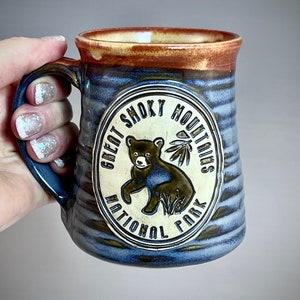 Wheel Thrown Great Smoky Mountain National Park Bear Cub Mug in Croc Blue and Shino tan brown Glazes image 1
