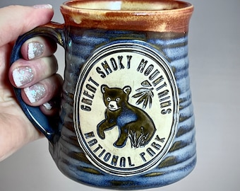Wheel Thrown Great Smoky Mountain National Park Bear Cub Mug in Croc Blue and Shino (tan brown) Glazes
