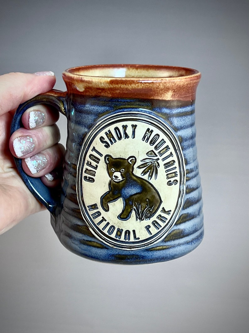 Wheel Thrown Great Smoky Mountain National Park Bear Cub Mug in Croc Blue and Shino tan brown Glazes image 1