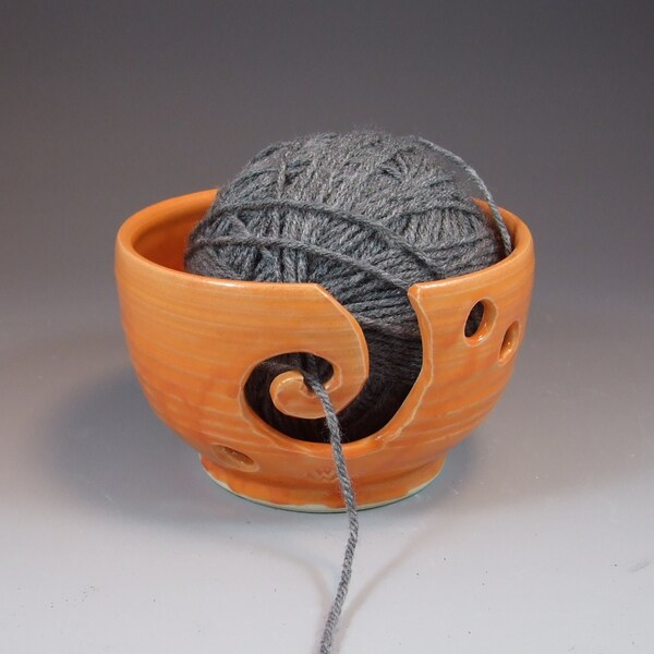 Yarn Bowl in Tangerine Orange Glaze Sherbet with Spiral  thrown on Potter's Wheel- Ready To Ship