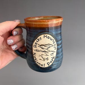 Rocky Mountain National Park Mug, Croc Blue Shino Glaze Pottery