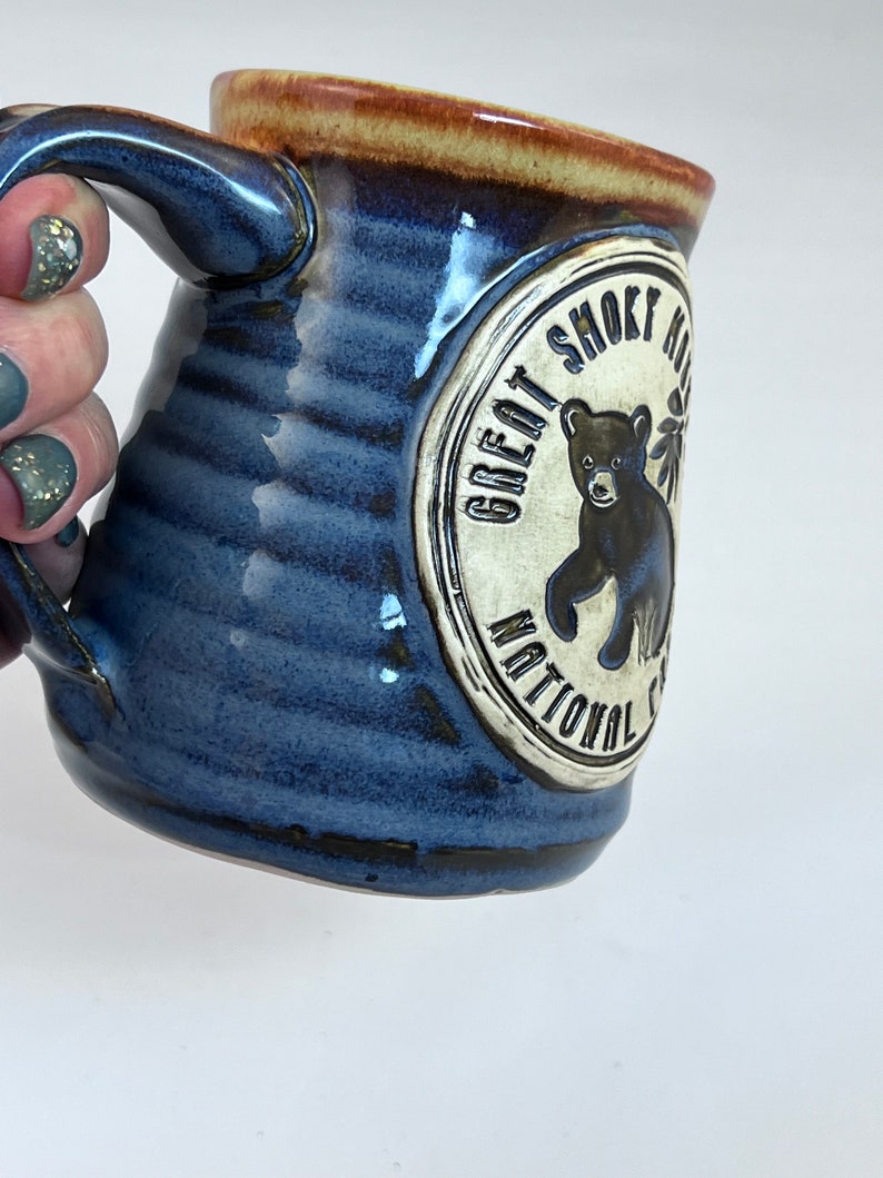 Wheel Thrown Great Smoky Mountain National Park Bear Cub Mug in Croc Blue and Shino tan brown Glazes image 4