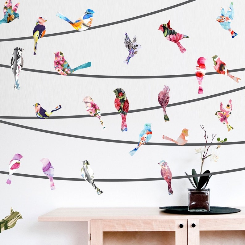 Watercolor Birds on a Wire Wall Decals image 1