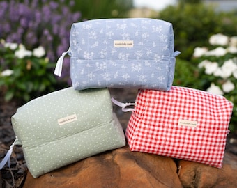 Handmade Quilted Cotton Toiletry Bag,  zippered Makeup bag, Travel Cosmetic Bag, Gift For Her, Gingham or Floral Print.