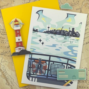 “Seattle Skyline to Bainbrieg Island Ferry” Klappkarte Grußkarte